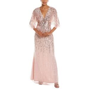Aidan Mattox Pink Fully Beaded Flutter Sleeve V Neck Gown 10 NEW $550